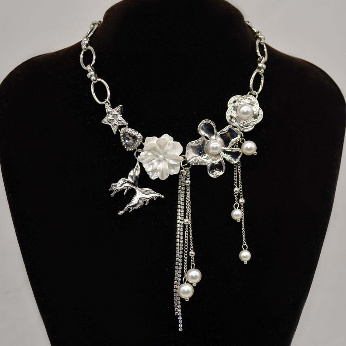 Flower Pearl Crystal Tassel Necklace