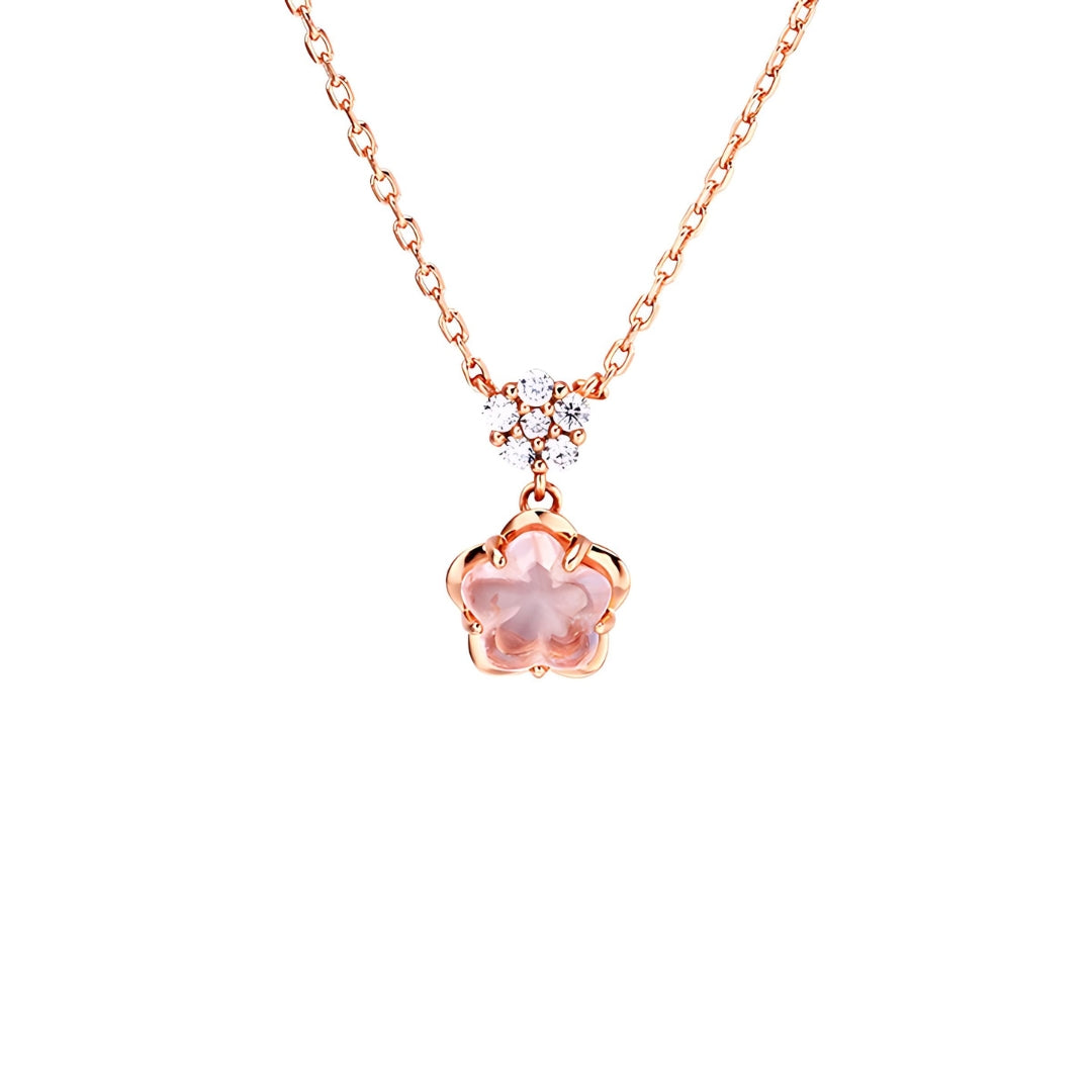 Cherry Blossom Rose Quartz Flower Pendant Necklace