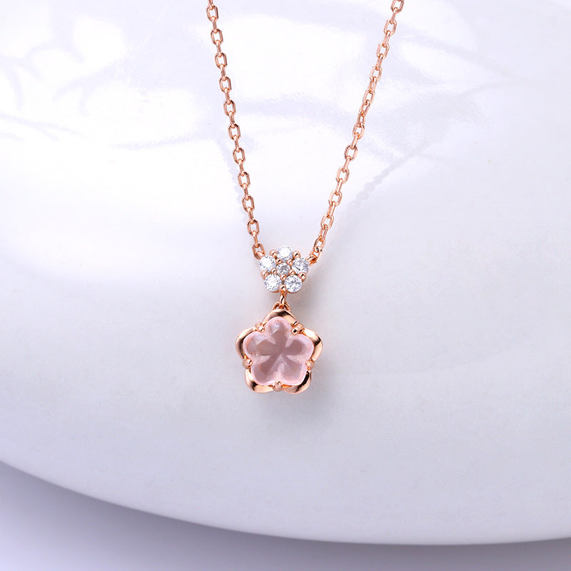 Cherry Blossom Rose Quartz Flower Pendant Necklace