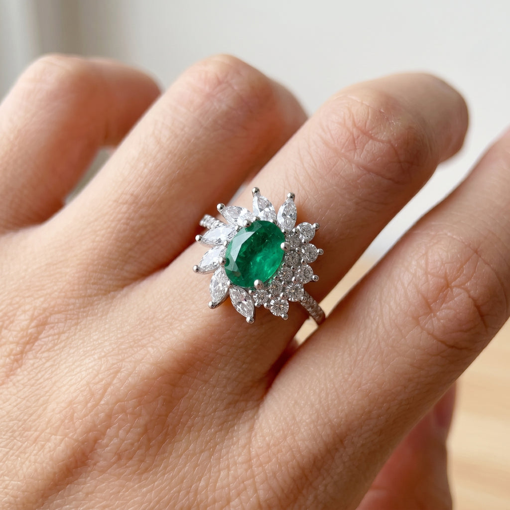 Sun Burst Emerald Ring