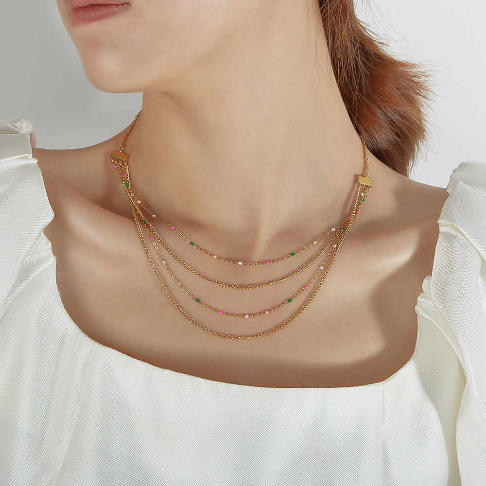 Multi Strand Gold Chain Necklace with Color Beads