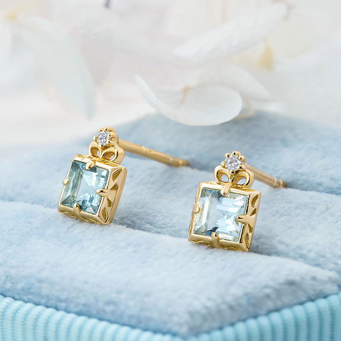 Gold Aquamarine Square Earrings