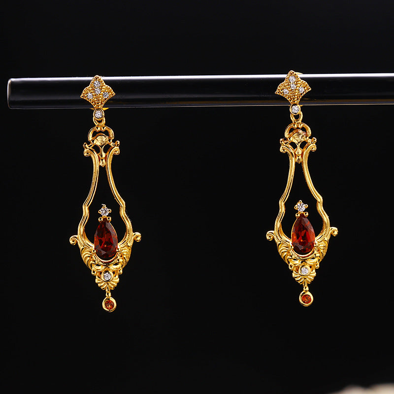 Gold Baroque Garnet Drop Earrings 