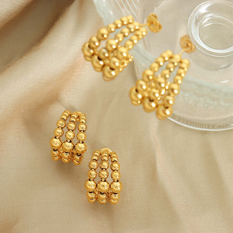 Gold Bead Chunky C Hoop Earrings