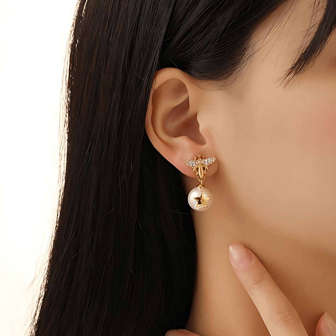 Gold Bee Pearl Earrings 