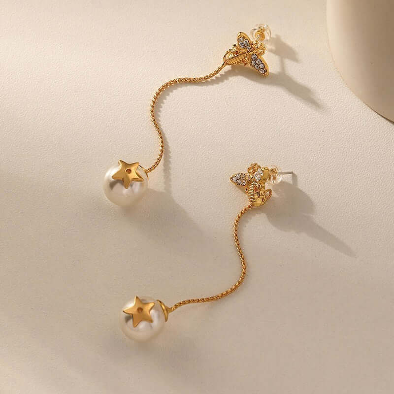 Gold Bee Star Dangle Pearl Earrings 