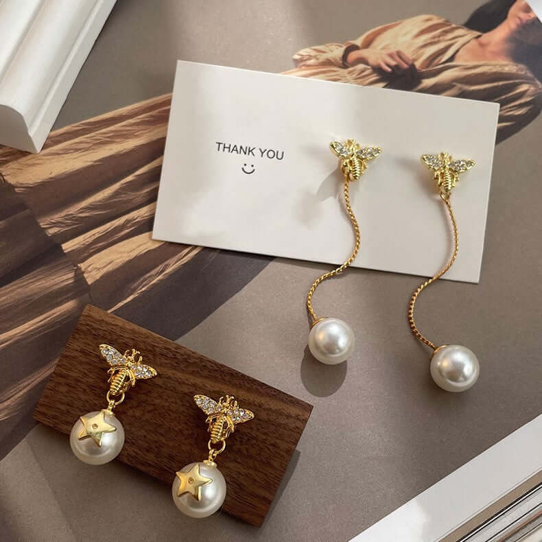 Gold Bee Star Pearl Drop Earrings 