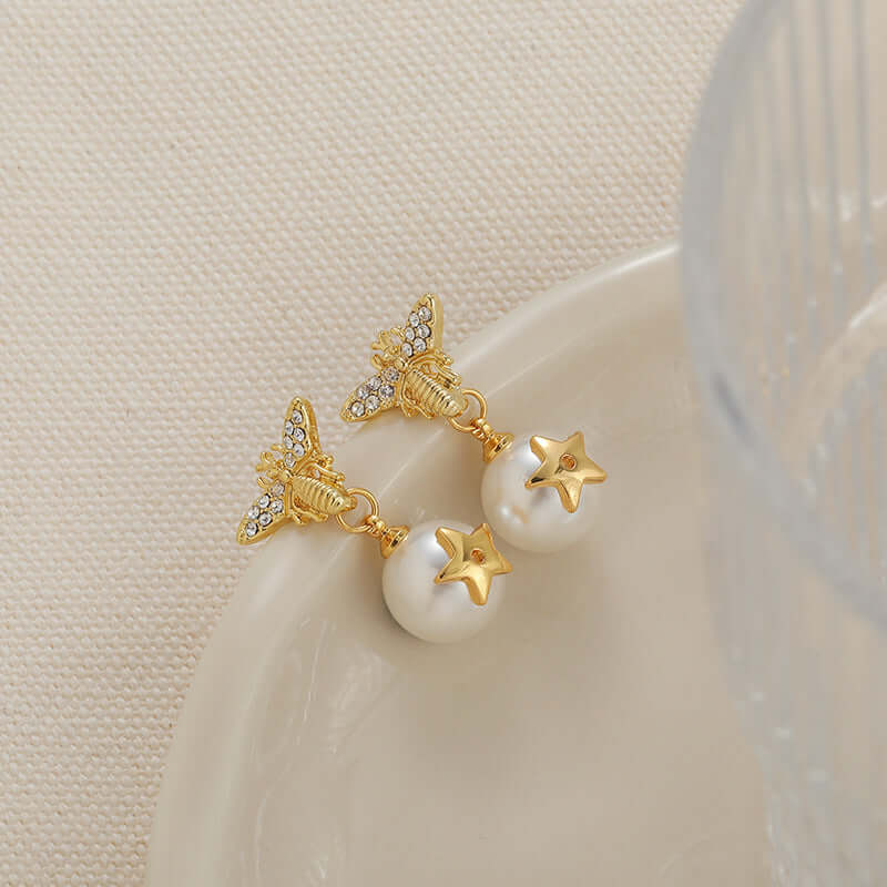 Gold Bee Star Pearl Earrings 