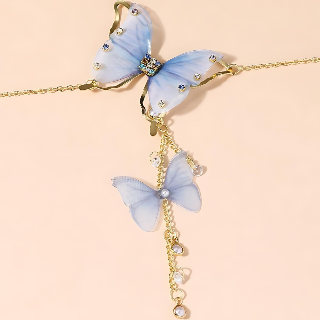 Gold Blue Butterfly Lariat Y Necklace