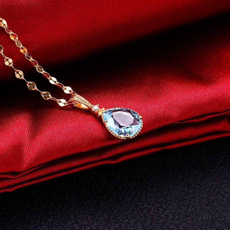 Gold Blue Crystal Teardrop Necklace