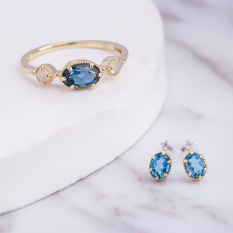 Gold Blue Topaz Earrings Ring Set