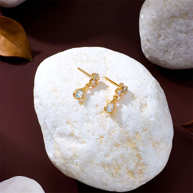 Gold CZ Aquamarine Earrings