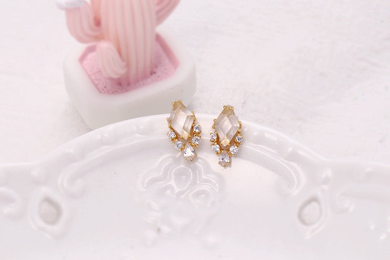 Gold CZ Geometric Clear Quartz Earrings