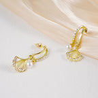 Gold CZ Ginkgo Leaf Pearl Earrings 