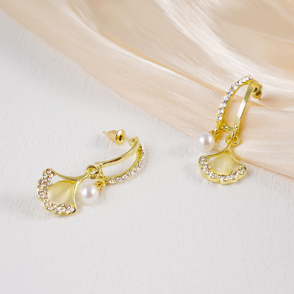 Gold CZ Ginkgo Leaf Pearl Earrings 