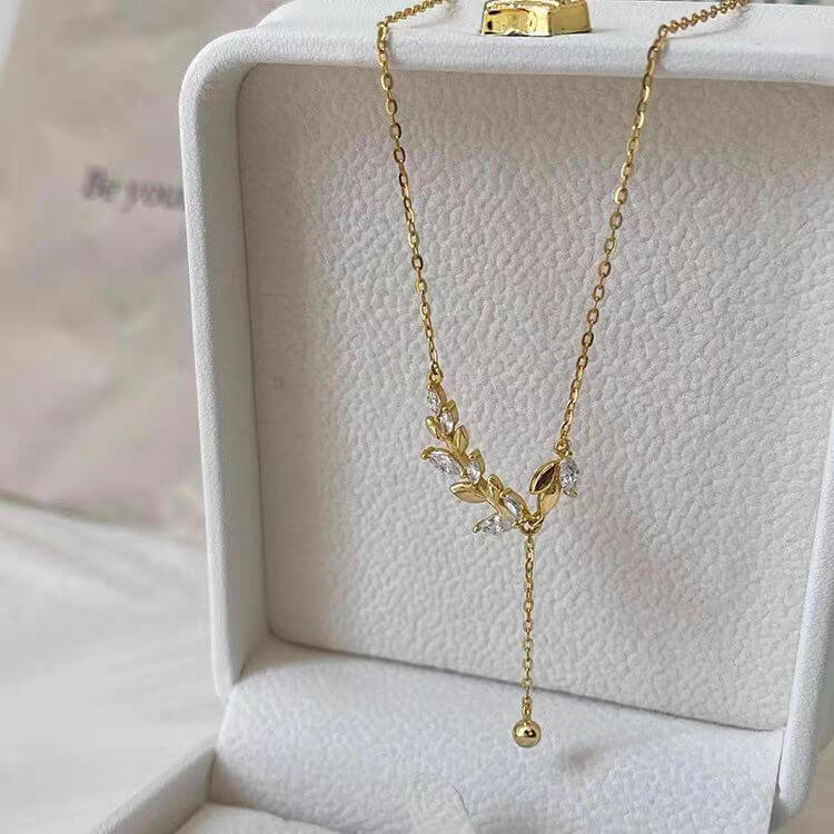 Gold CZ Olive Leaf Y Necklace