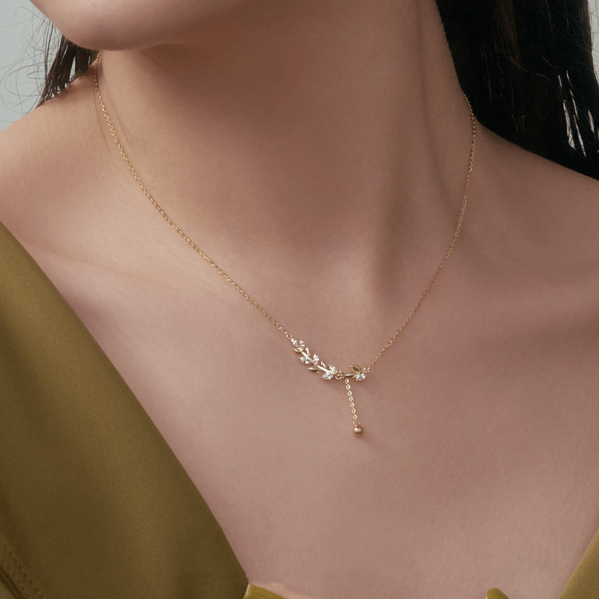 Gold CZ Olive Leaf Y Necklace