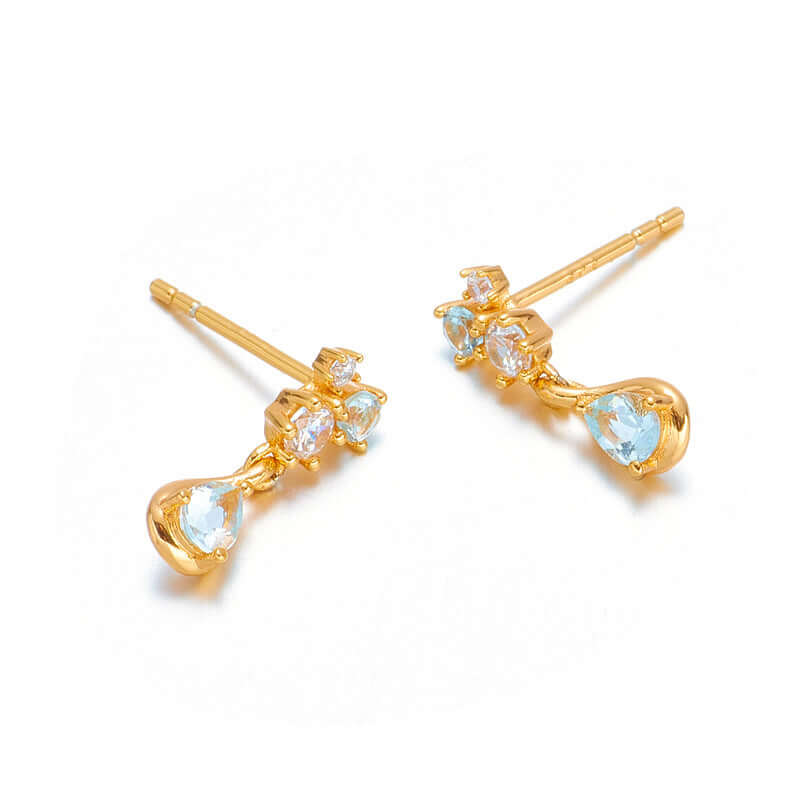 Gold CZ Teardrop Blue Topaz Earrings