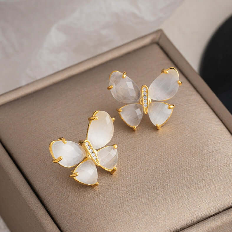 Dainty Cat Eye Stone Butterfly Stud Earrings