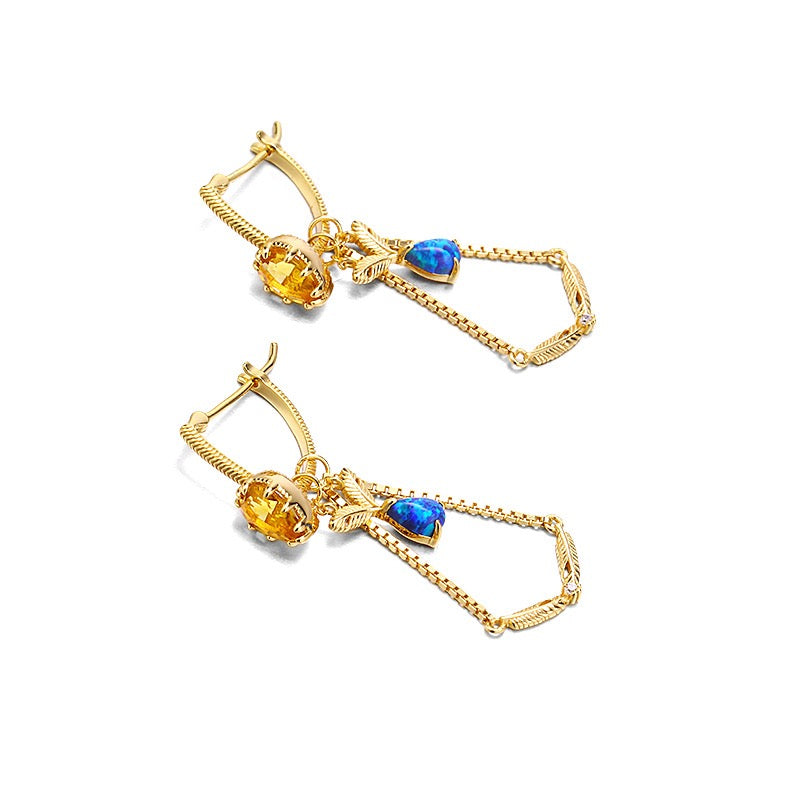 Gold Citrine Blue Opal Earrings