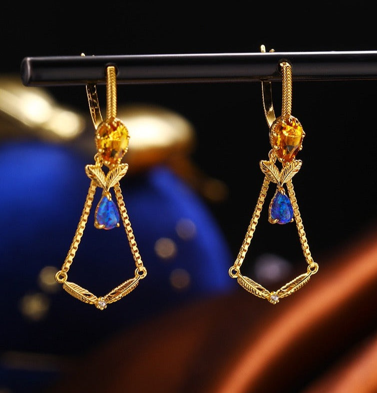 Gold Citrine Blue Opal Vintage Earrings