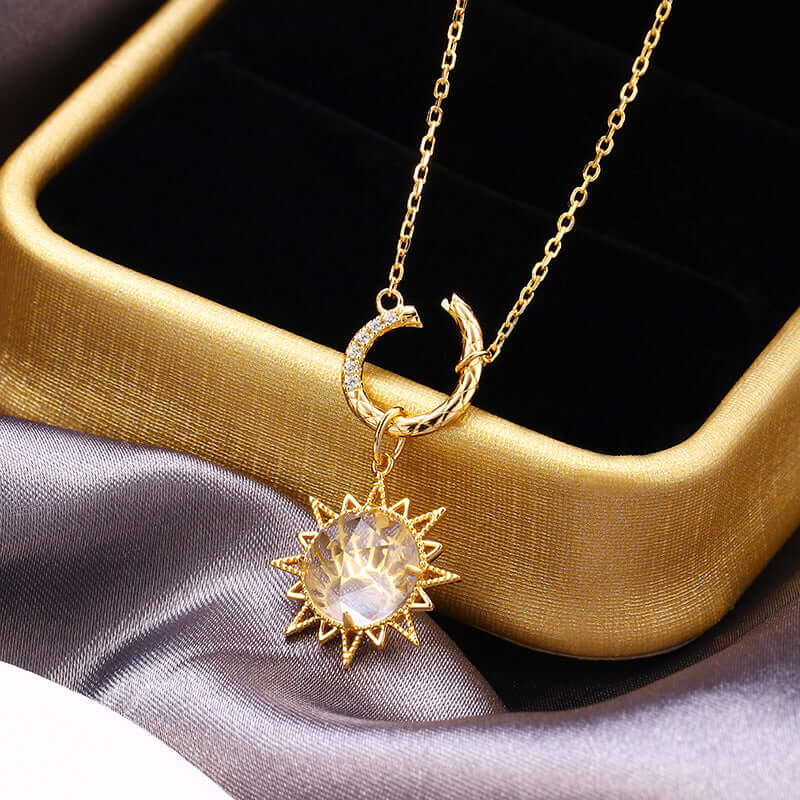 Gold Clear Quartz Sun Pendant Necklace