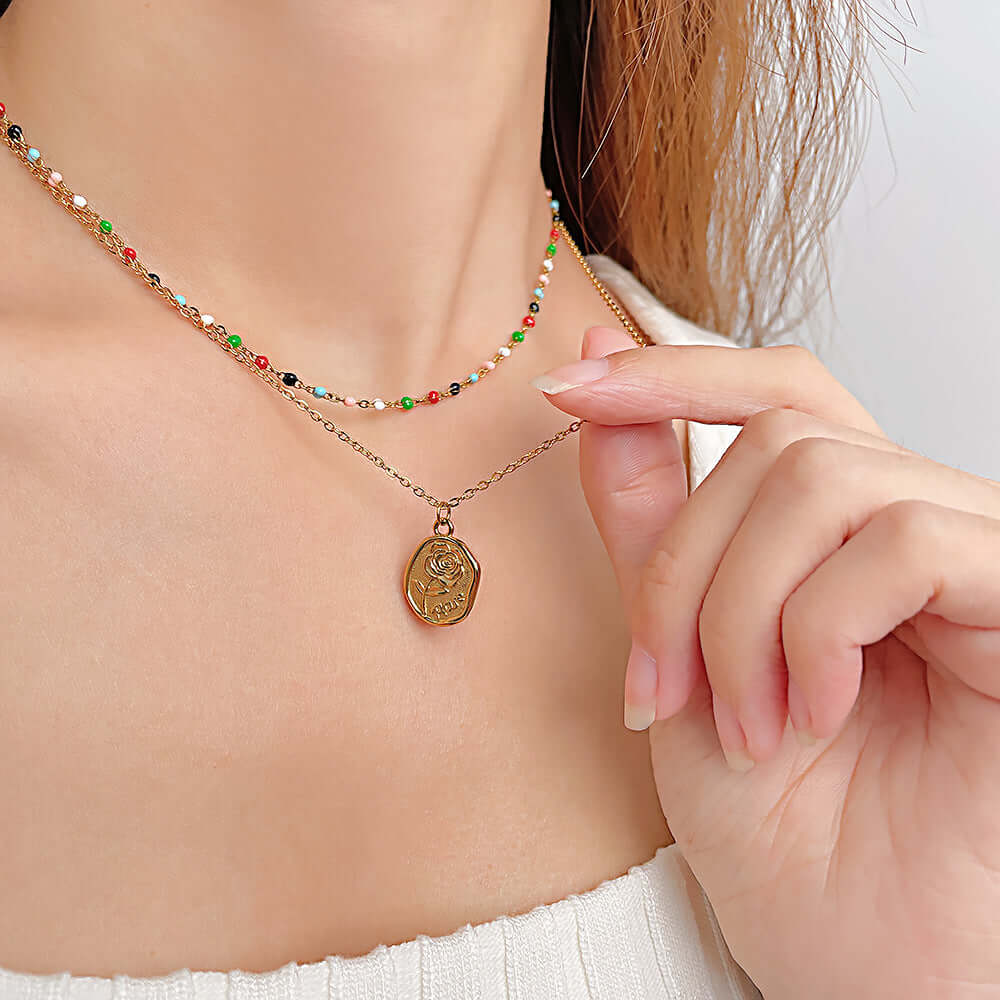 Gold Coin Colorful Beads Layered Necklace