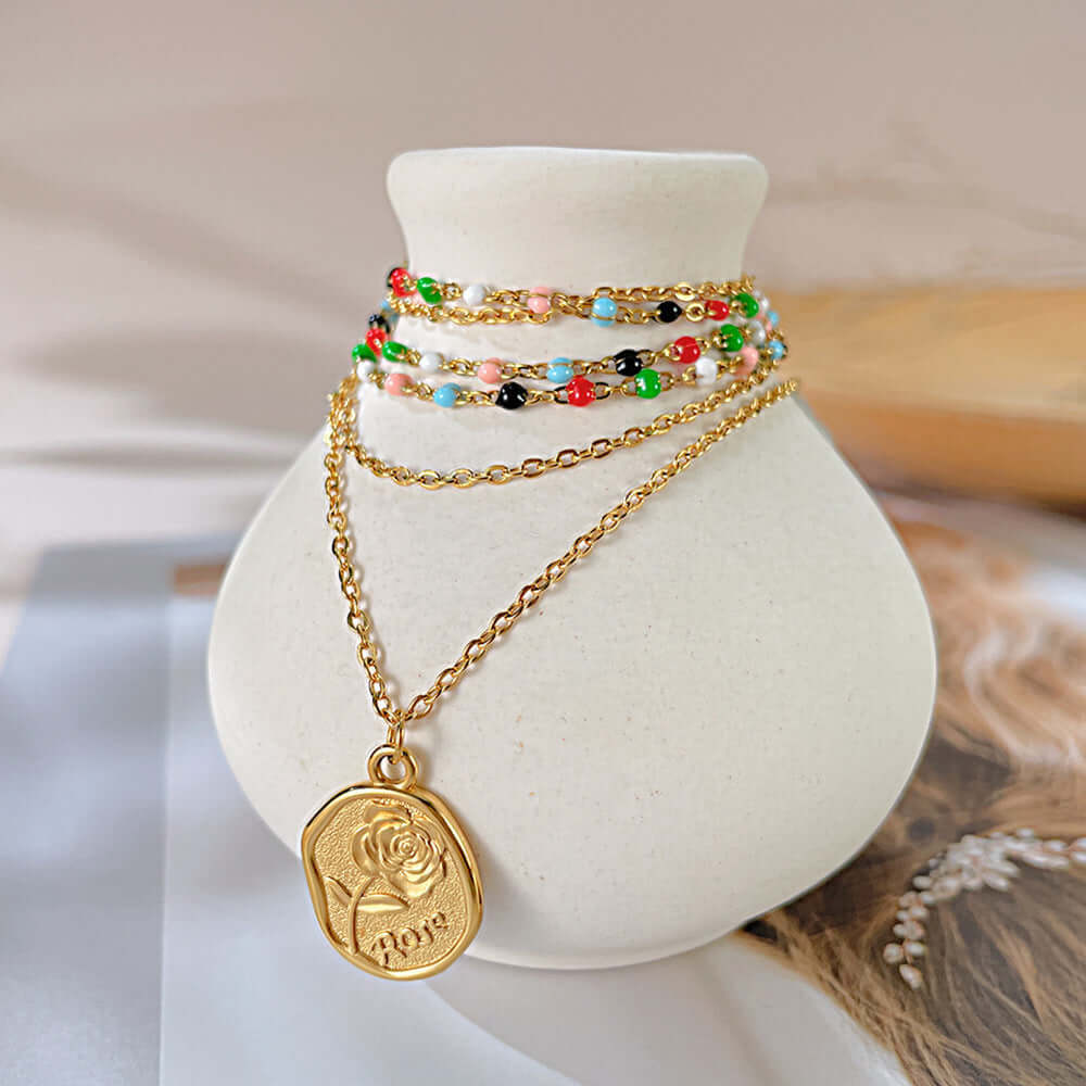 Gold Coin Flower Layered Chain Necklace