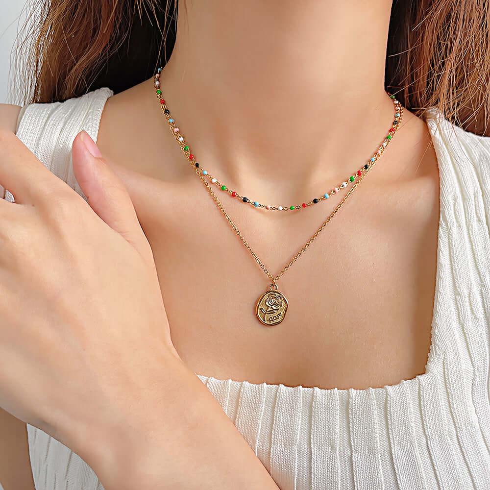 Gold Colorful Layered Coin Necklace