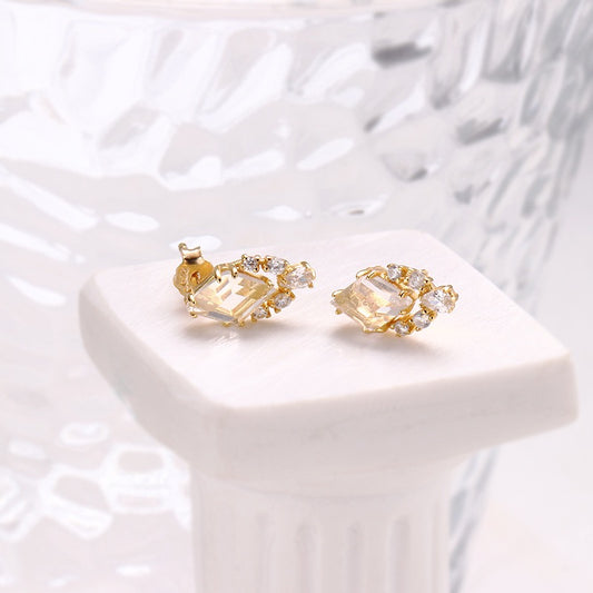 Gold Diamonds Clear Quartz Earrings