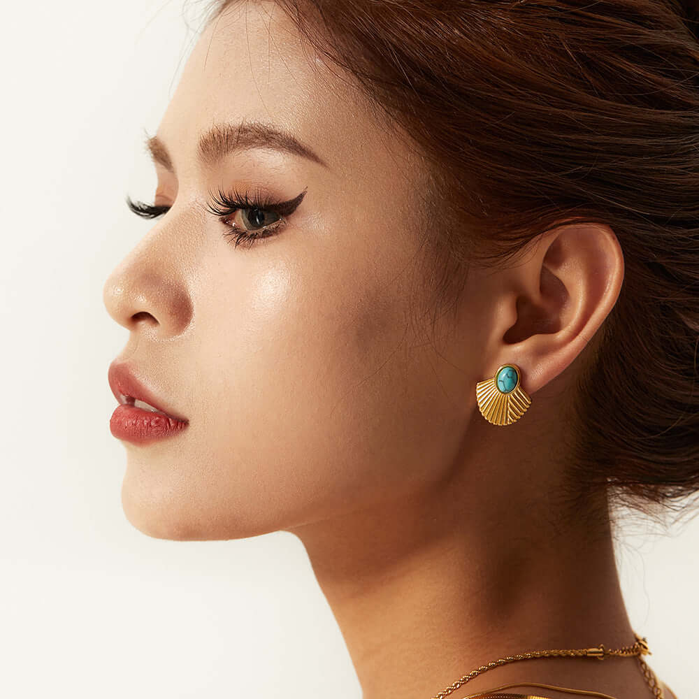 Gold Fan Shaped Eye Earrings