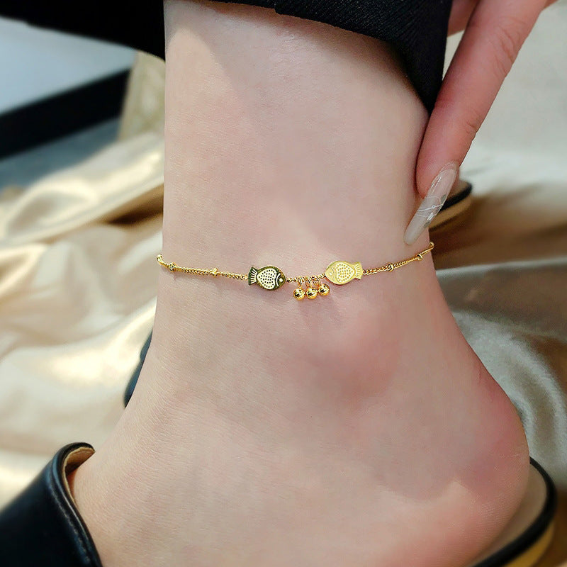 Titanium Gold Fish Charm Beaded Chain Anklet 