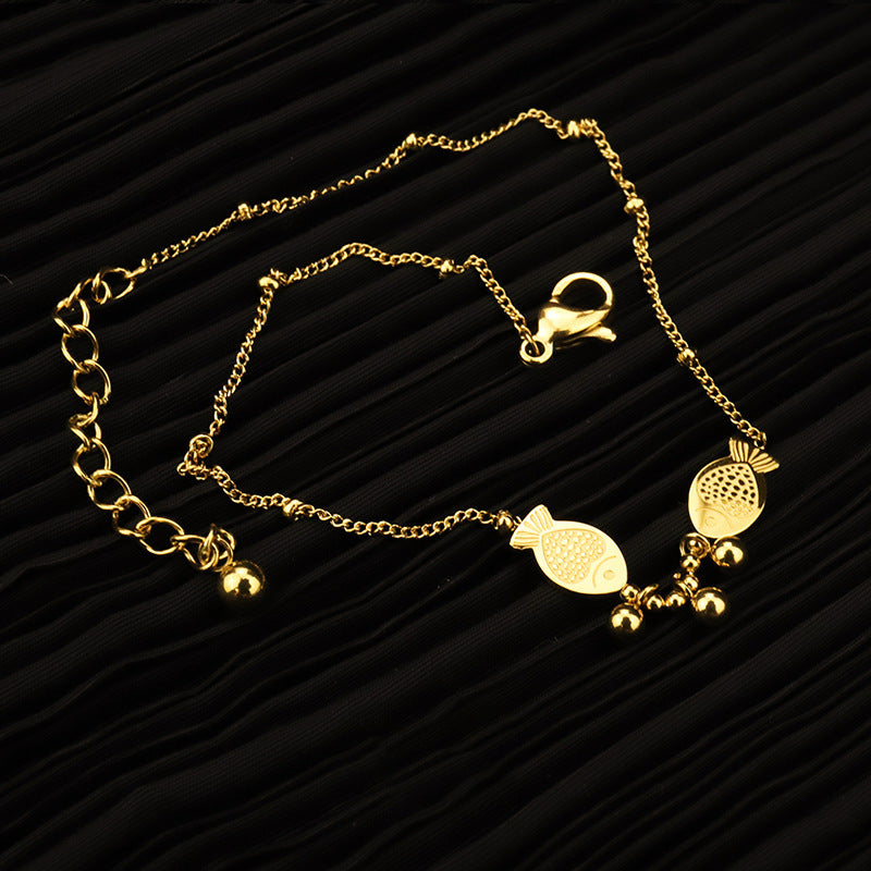Titanium Gold Fish Charm Beaded Chain Anklet