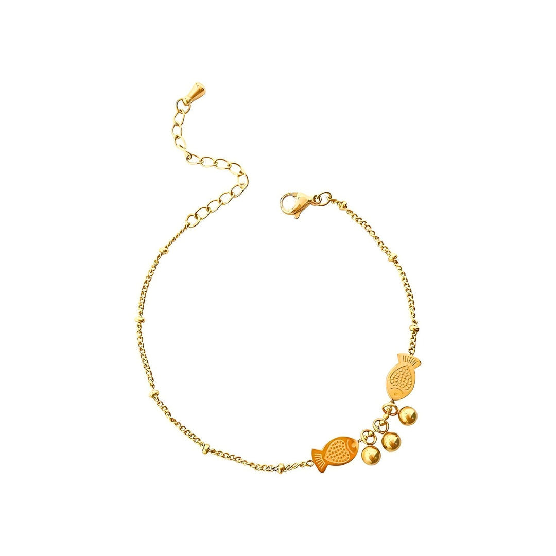 Titanium Gold Fish Charm Beaded Chain Anklet 