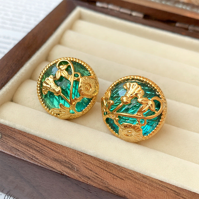 Gold Flower Circle Stud Earrings