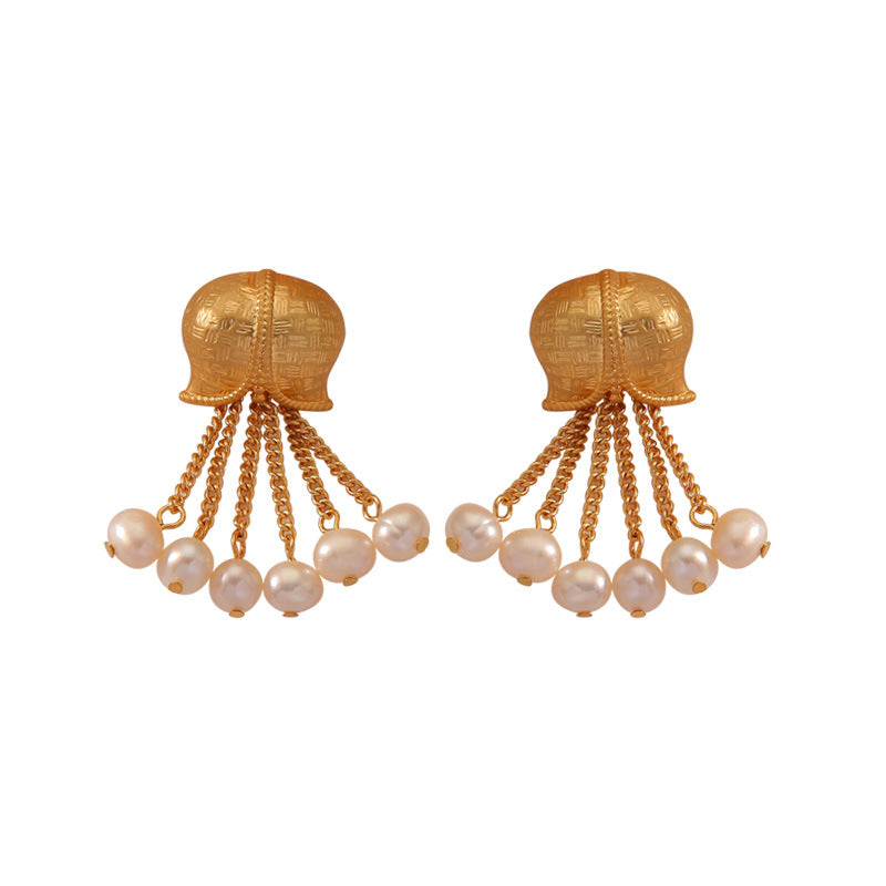 Gold Flower Pearl Dangle Earrings