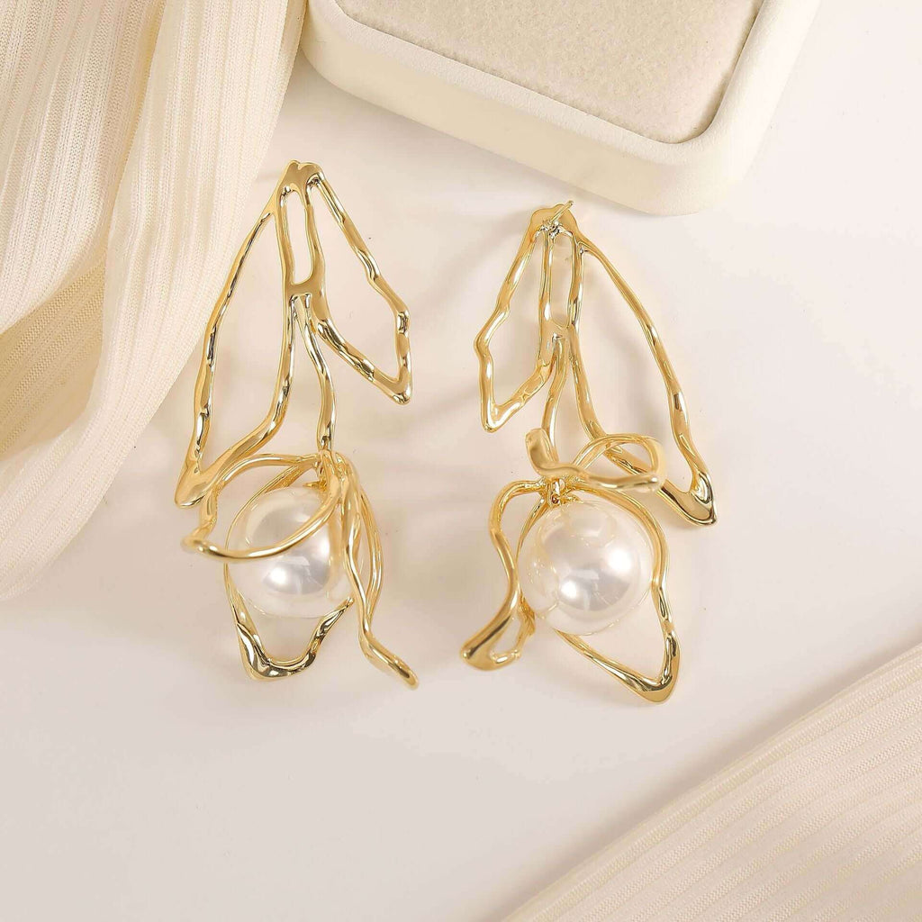 Gold Flower Pearl Drop Earrings