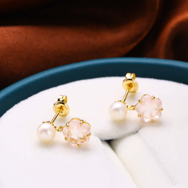 Gold Flower Quartz Pearl Earrings