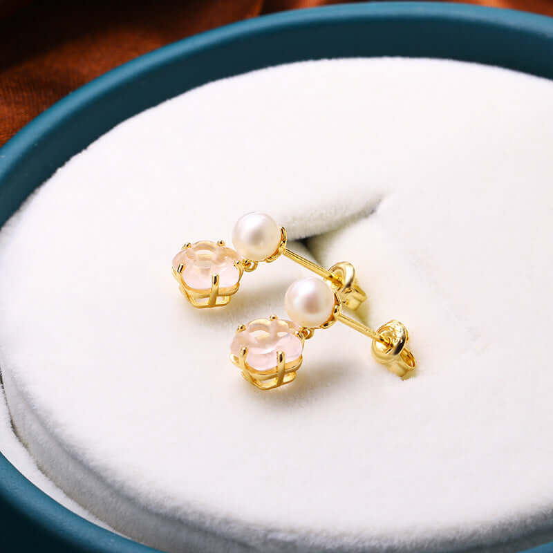 Gold Flower Rose Quartz Pearl Earrings