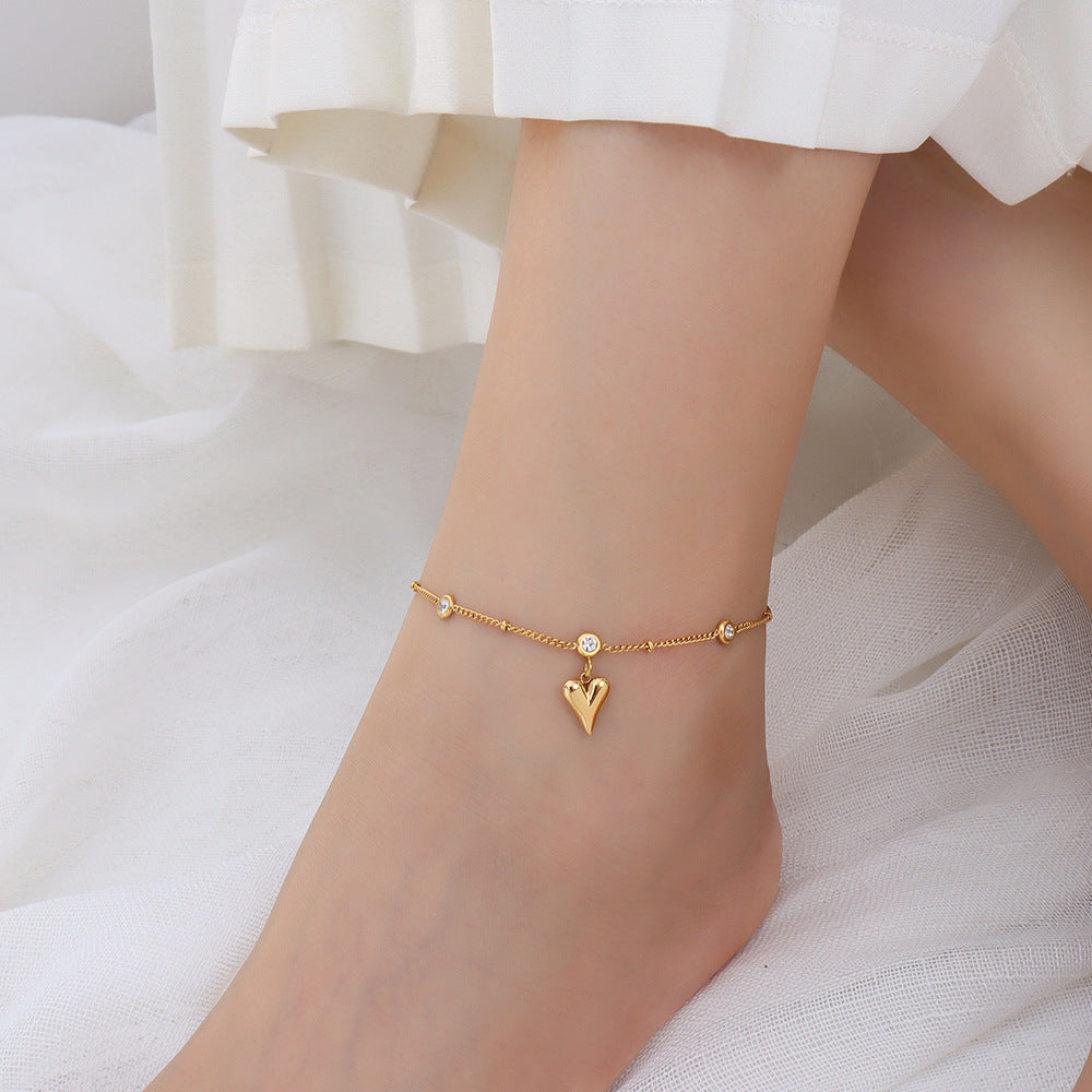 Gold Heart CZ Jewelry Beaded Anklet