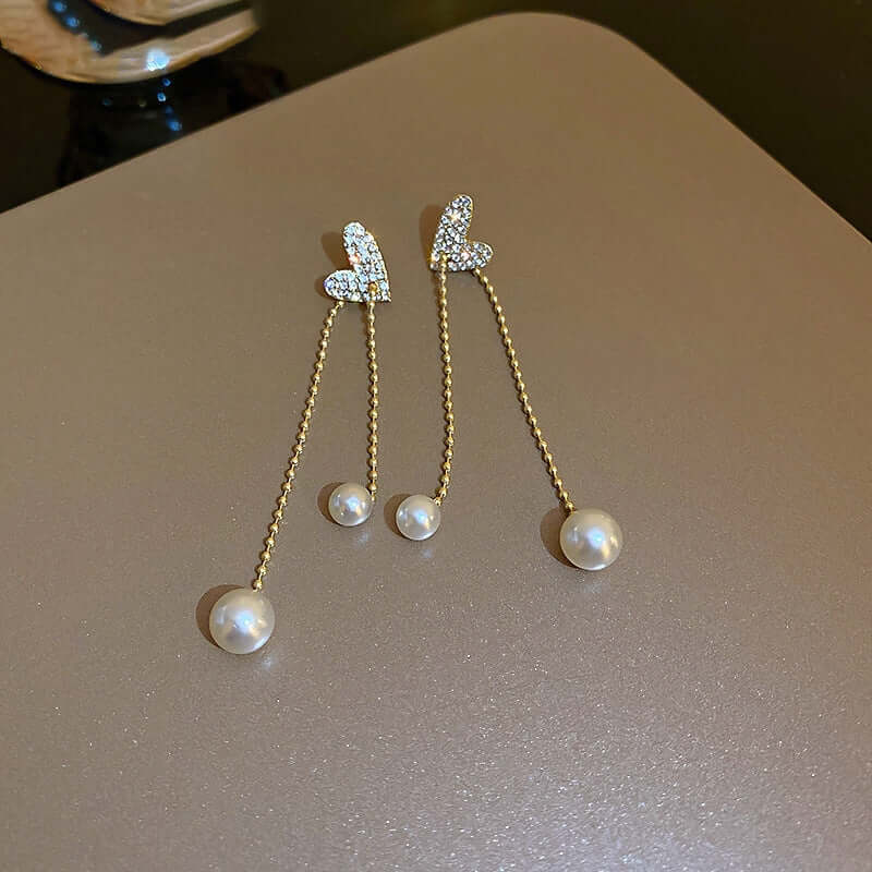 Gold Heart CZ Pearl Drop Earrings