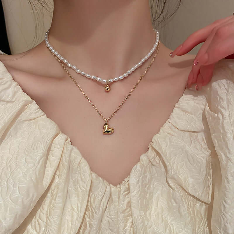 Gold Heart Pearl Layering Necklace