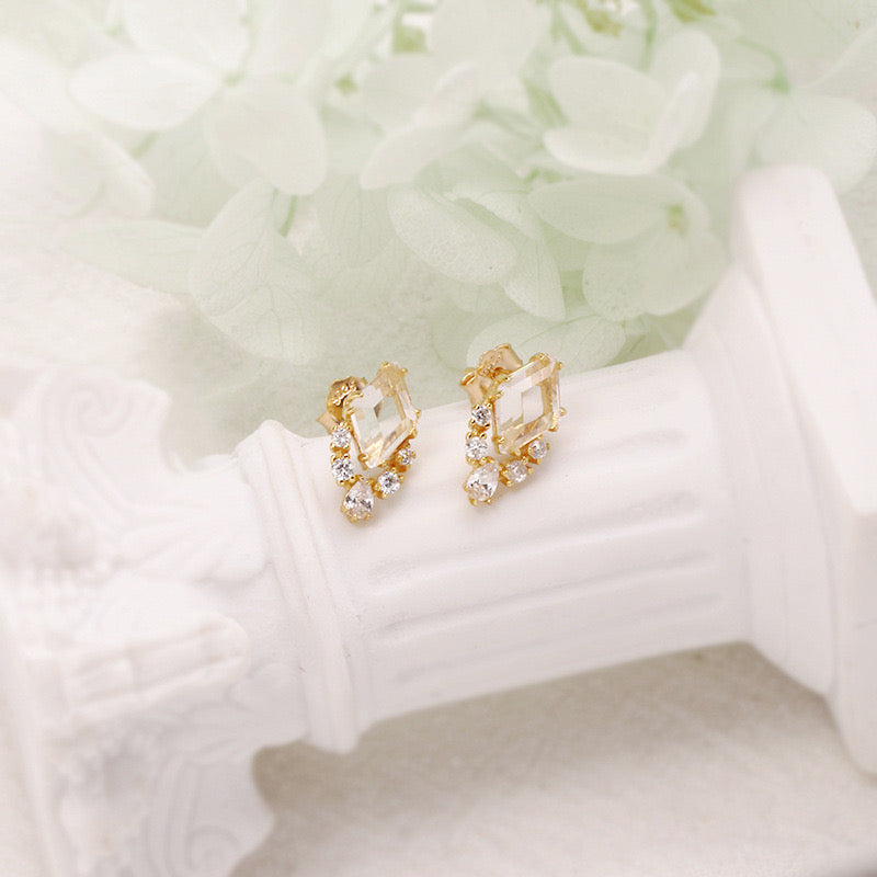 Gold Ice Cube Clear Quartz Earrings