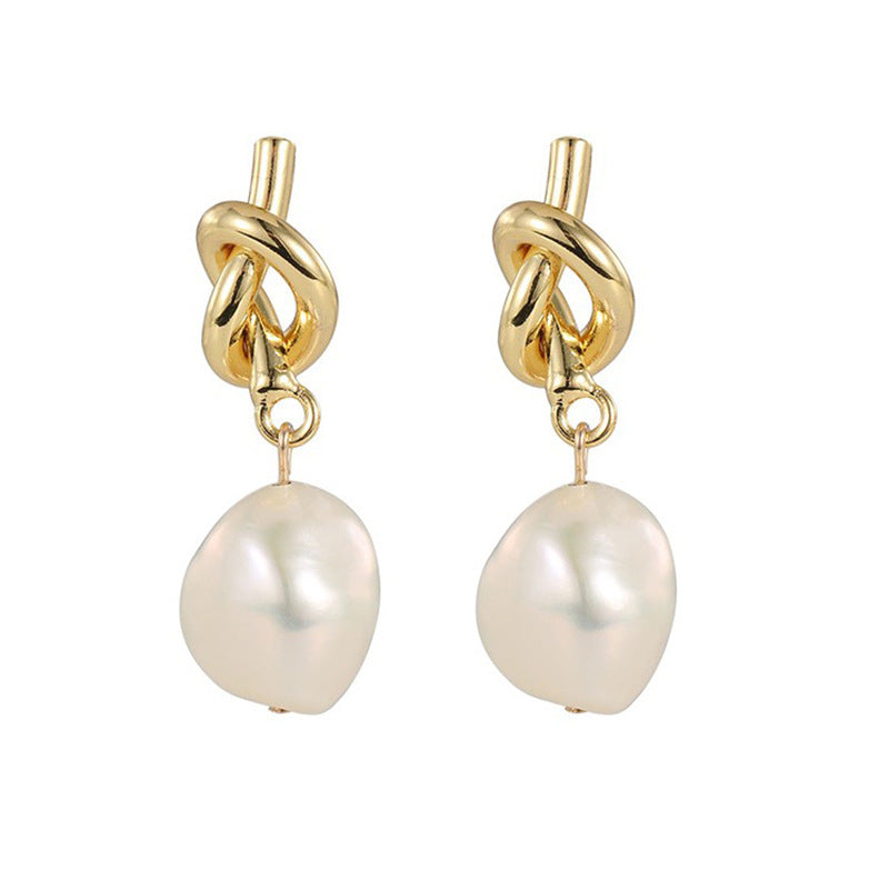 Gold Knot Pearl Dangle Earrings