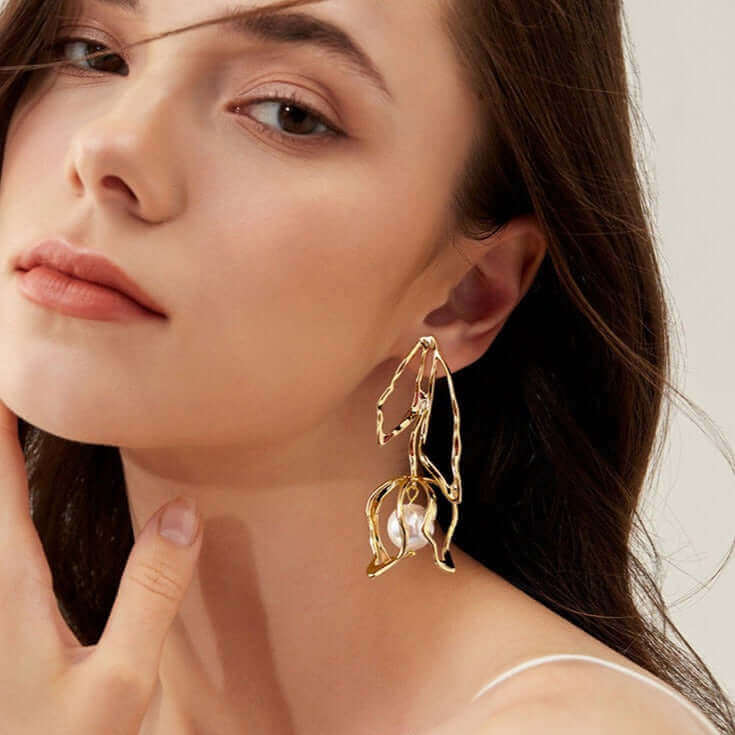 Gold Large Flower Pearl Drop Earrings