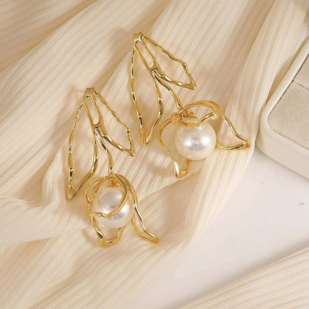 Gold Large Flower White Pearl Earrings