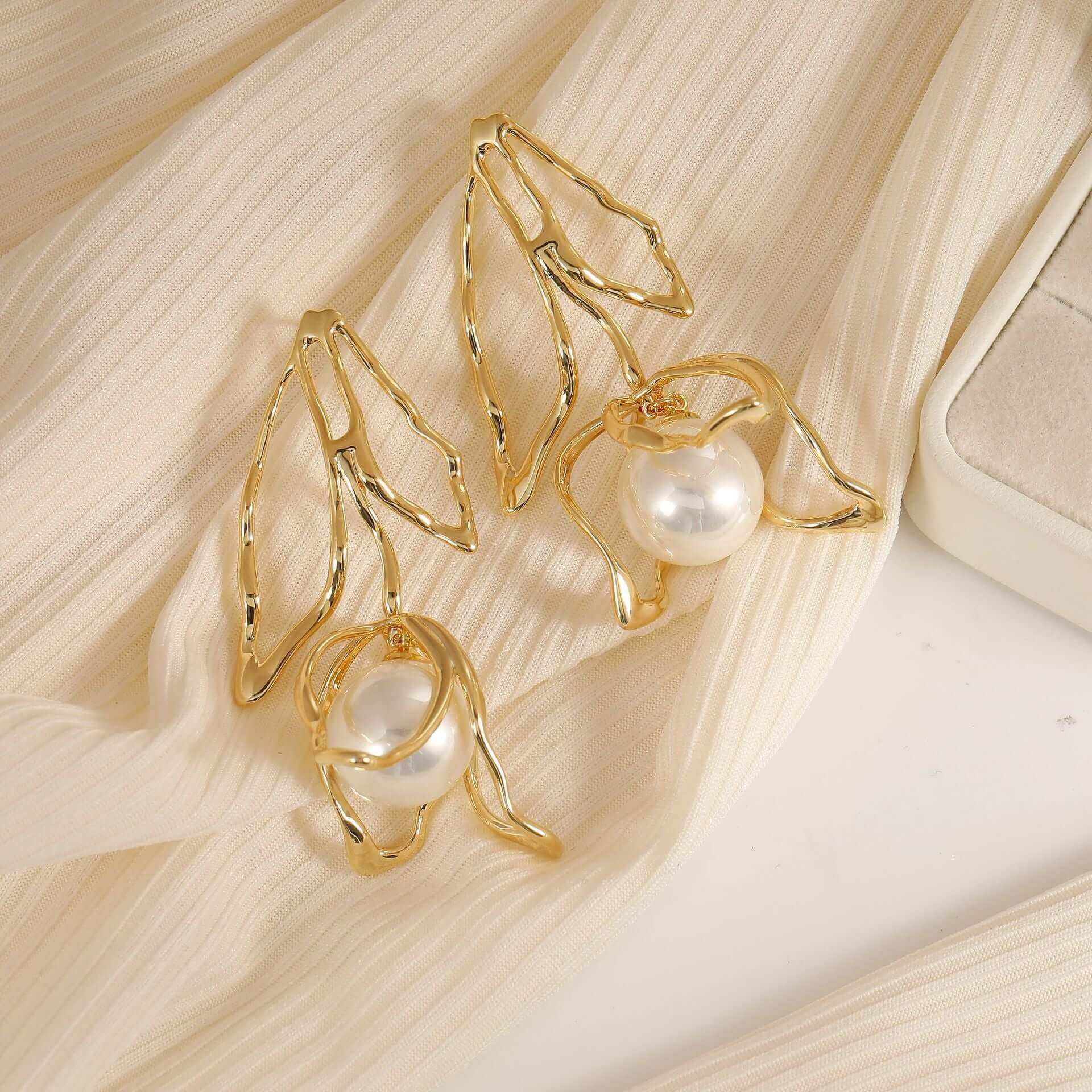 Gold Large Flower White Pearl Earrings