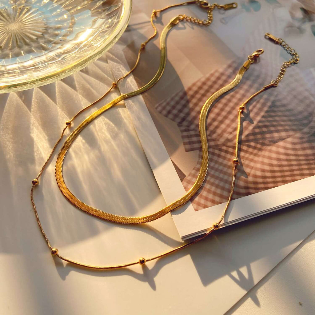 Kailey Layering Gold Chain Necklace, Gold Bead Choker Necklace, Chain Choker