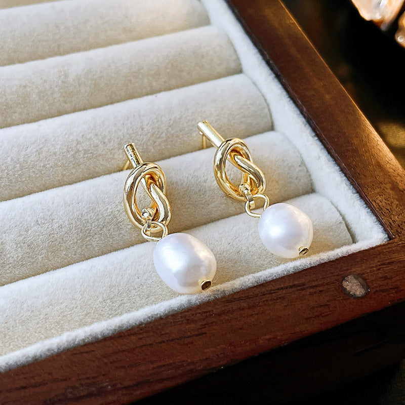 Gold Love Knot Pearl Earrings