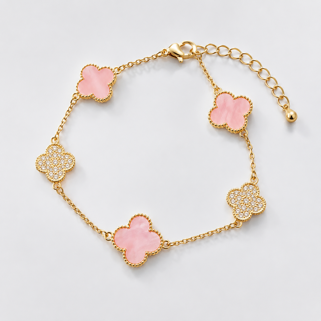 Gold Lucky Pink Clover Bracelet